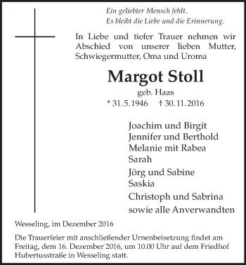 Anzeige von Margot Stoll von  Schlossbote/Werbekurier 