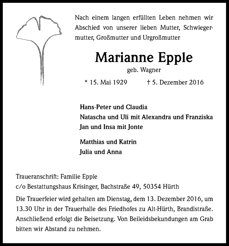  Traueranzeige für Marianne Epple vom 10.12.2016 aus Kölner Stadt-Anzeiger / Kölnische Rundschau / Express