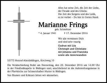 Anzeige von Marianne Frings von Kölner Stadt-Anzeiger / Kölnische Rundschau / Express