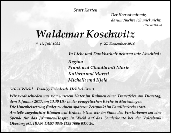 Anzeige von Waldemar Koschwitz von Kölner Stadt-Anzeiger / Kölnische Rundschau / Express