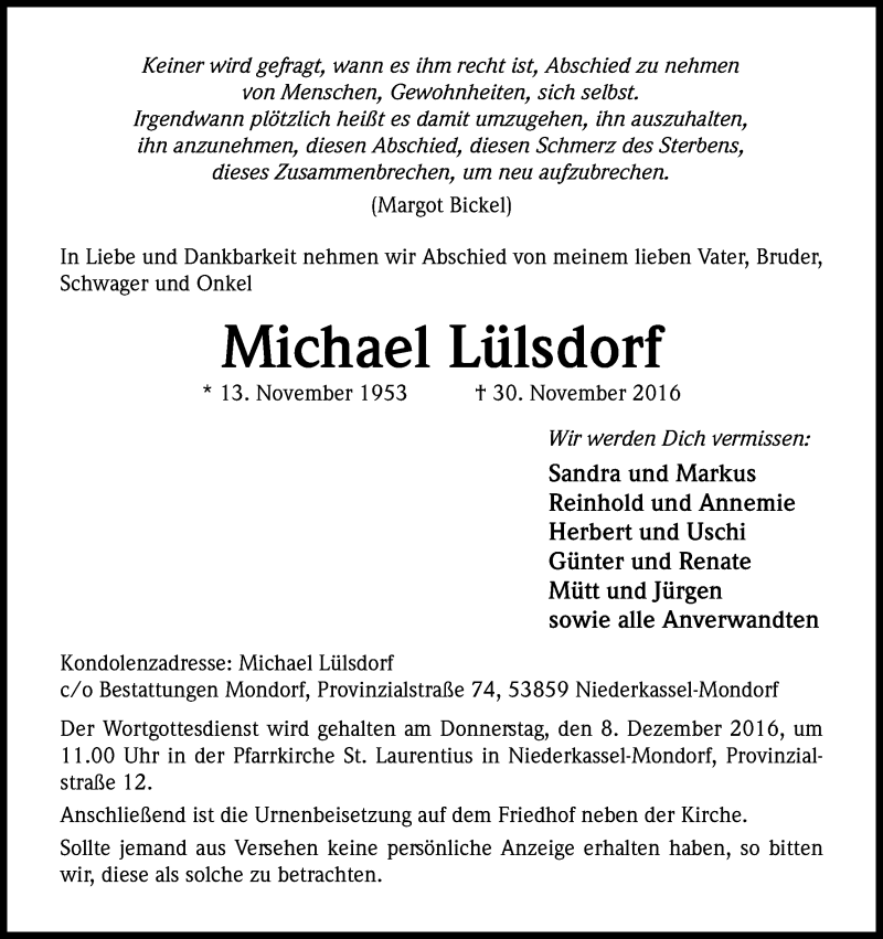  Traueranzeige für Michael Lülsdorf vom 05.12.2016 aus Kölner Stadt-Anzeiger / Kölnische Rundschau / Express