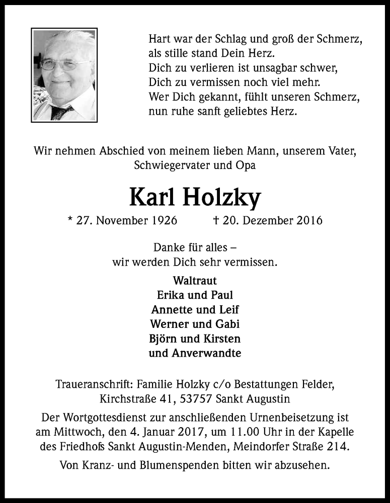  Traueranzeige für Karl Holzky vom 28.12.2016 aus Kölner Stadt-Anzeiger / Kölnische Rundschau / Express