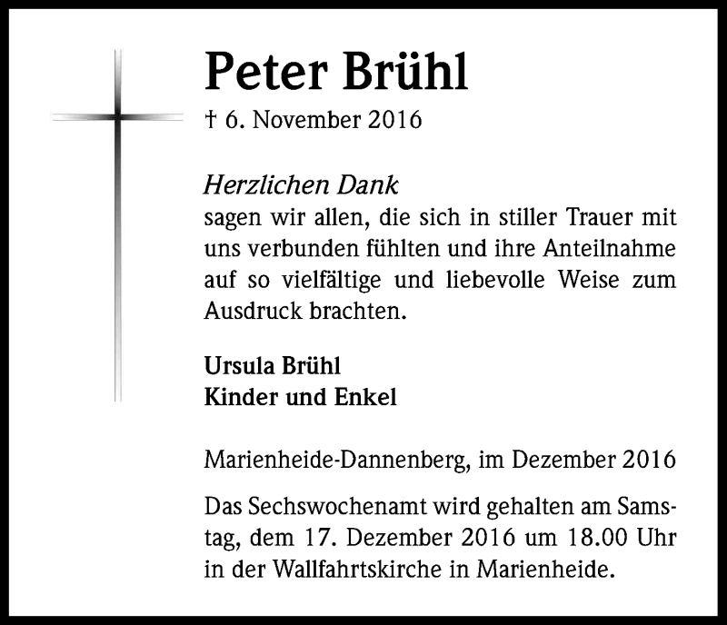  Traueranzeige für Peter Brühl vom 16.12.2016 aus Kölner Stadt-Anzeiger / Kölnische Rundschau / Express