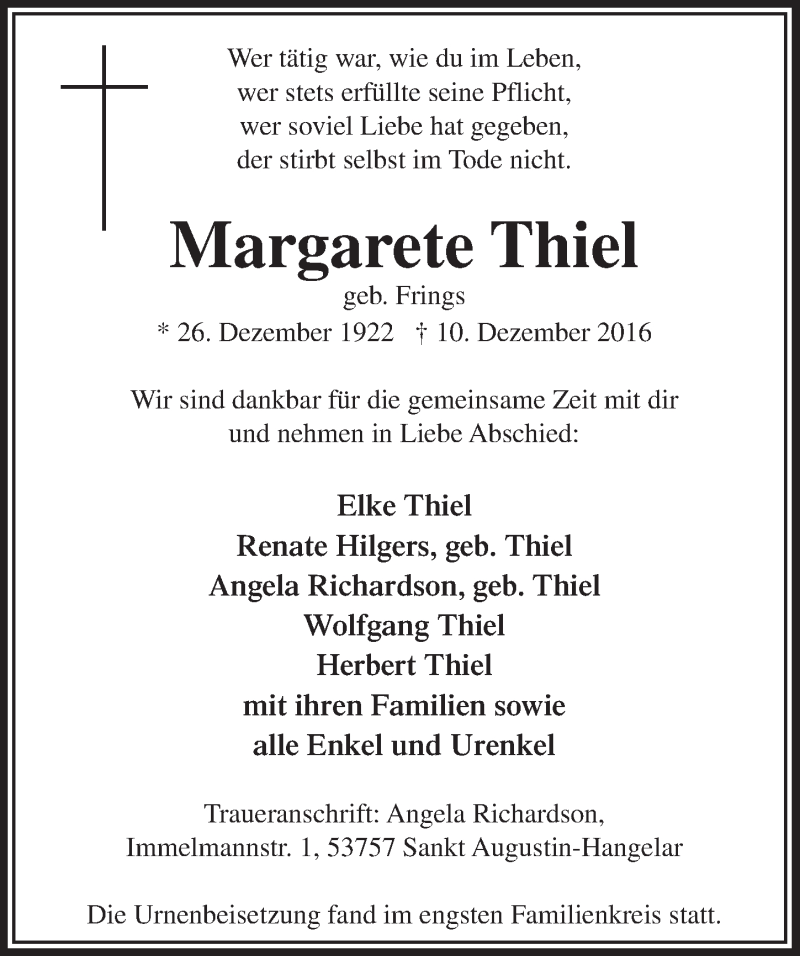  Traueranzeige für Margarete Thiel vom 21.12.2016 aus  Extra Blatt 