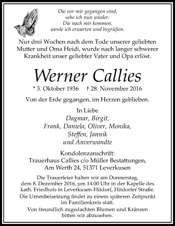 Anzeige von Werner Callies von Kölner Stadt-Anzeiger / Kölnische Rundschau / Express