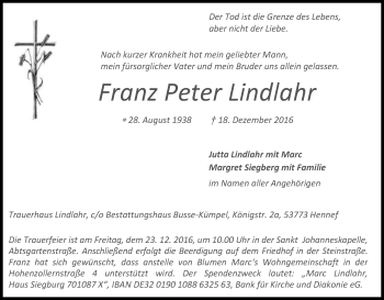 Anzeige von Franz Peter Lindlahr von Kölner Stadt-Anzeiger / Kölnische Rundschau / Express