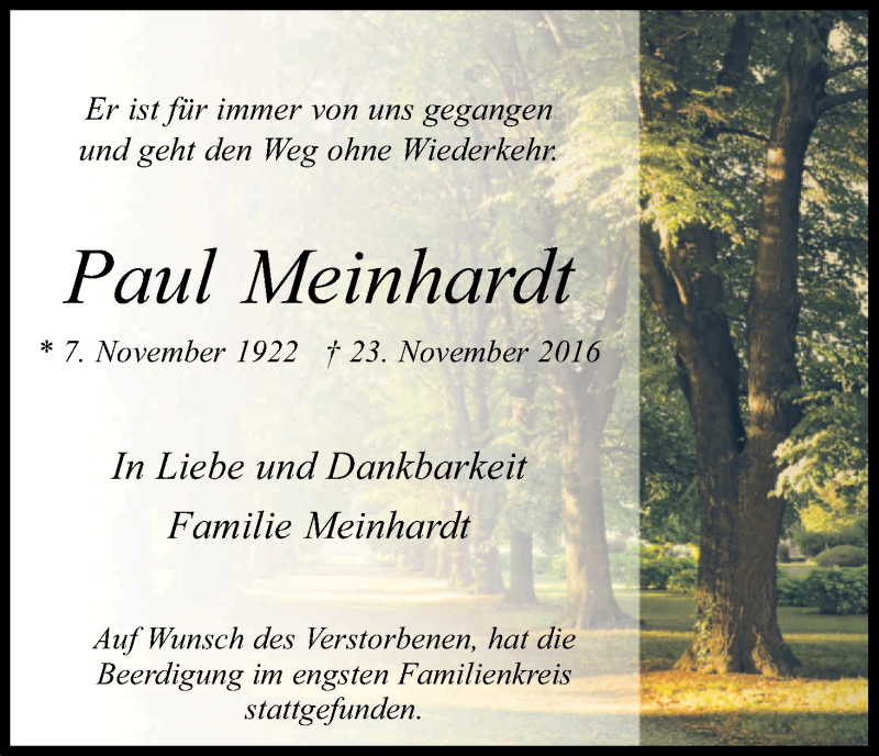  Traueranzeige für Paul Meinhardt vom 03.12.2016 aus Kölner Stadt-Anzeiger / Kölnische Rundschau / Express