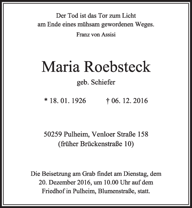  Traueranzeige für Maria Roebsteck vom 17.12.2016 aus  Sonntags-Post 
