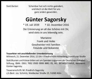 Anzeige von Günter Sagorsky von Kölner Stadt-Anzeiger / Kölnische Rundschau / Express