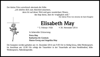 Anzeige von Elisabeth May von Kölner Stadt-Anzeiger / Kölnische Rundschau / Express