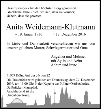 Anzeige von Anita Weidemann-Klutmann von Kölner Stadt-Anzeiger / Kölnische Rundschau / Express