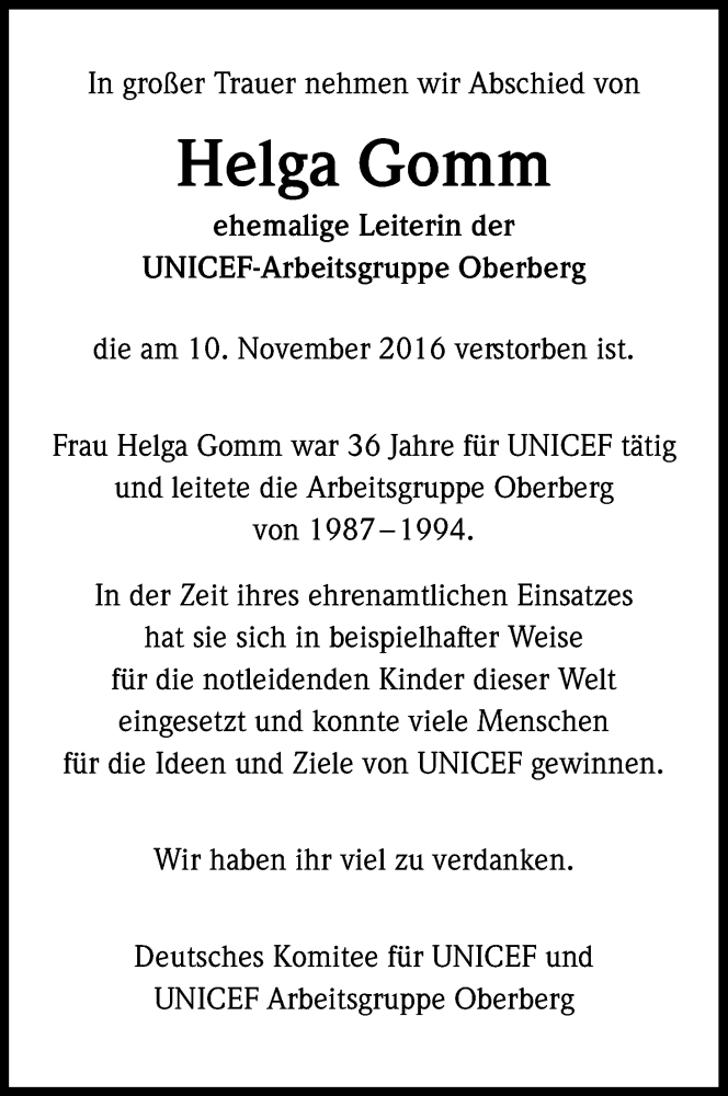  Traueranzeige für Helga Gomm vom 08.12.2016 aus Kölner Stadt-Anzeiger / Kölnische Rundschau / Express