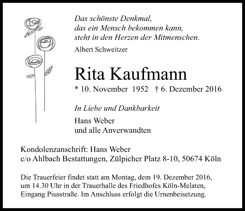  Traueranzeige für Rita Kaufmann vom 10.12.2016 aus Kölner Stadt-Anzeiger / Kölnische Rundschau / Express