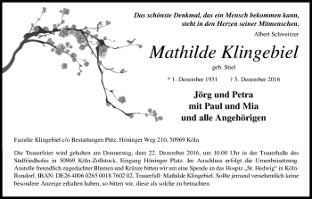 Anzeige von Mathilda Klingbiel von Kölner Stadt-Anzeiger / Kölnische Rundschau / Express