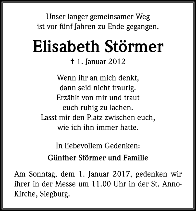  Traueranzeige für Elisabeth Störmer vom 31.12.2016 aus Kölner Stadt-Anzeiger / Kölnische Rundschau / Express