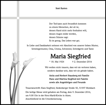 Anzeige von Maria Siegfried von Kölner Stadt-Anzeiger / Kölnische Rundschau / Express