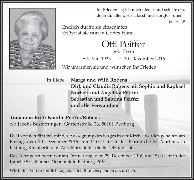  Traueranzeige für Otti Peiffer vom 28.12.2016 aus  Werbepost 
