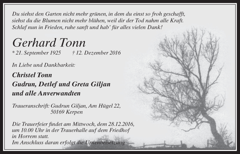  Traueranzeige für Gerhard Tonn vom 21.12.2016 aus  Wochenende 
