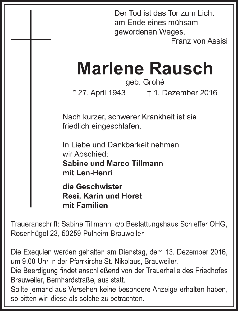  Traueranzeige für Marlene Rausch vom 10.12.2016 aus  Sonntags-Post 