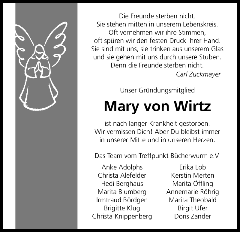  Traueranzeige für Mary von Wirtz vom 27.12.2016 aus Kölner Stadt-Anzeiger / Kölnische Rundschau / Express