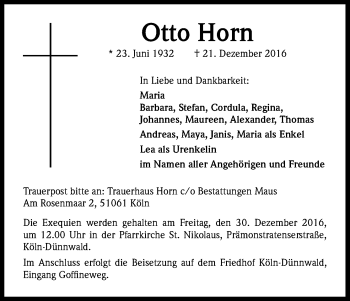 Anzeige von Otto Horn von Kölner Stadt-Anzeiger / Kölnische Rundschau / Express