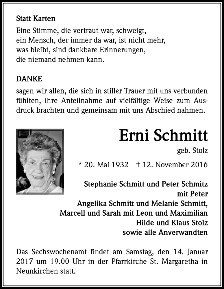 Traueranzeige für Erni Schmitt vom 31.12.2016 aus Kölner Stadt-Anzeiger / Kölnische Rundschau / Express