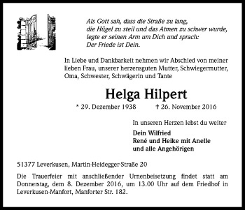 Anzeige von Helga Hilpert von Kölner Stadt-Anzeiger / Kölnische Rundschau / Express