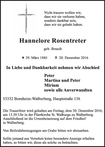 Anzeige von Hannelore Rosentreter von  Schlossbote/Werbekurier 