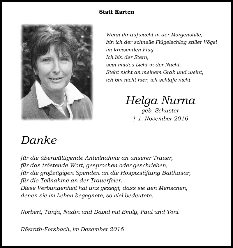  Traueranzeige für Helga Nurna vom 31.12.2016 aus Kölner Stadt-Anzeiger / Kölnische Rundschau / Express