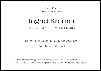Anzeige von Ingrid Kremer von Kölner Stadt-Anzeiger / Kölnische Rundschau / Express
