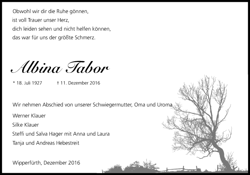  Traueranzeige für Albina Tabor vom 17.12.2016 aus Kölner Stadt-Anzeiger / Kölnische Rundschau / Express