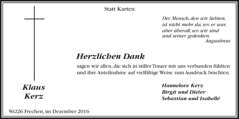  Traueranzeige für Klaus Kerz vom 03.12.2016 aus  Sonntags-Post 
