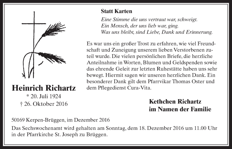  Traueranzeige für Heinrich Richartz vom 14.12.2016 aus  Werbepost 