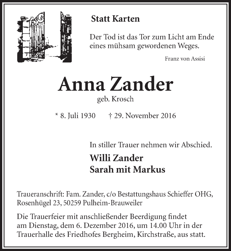  Traueranzeige für Anna Zander vom 03.12.2016 aus  Sonntags-Post 