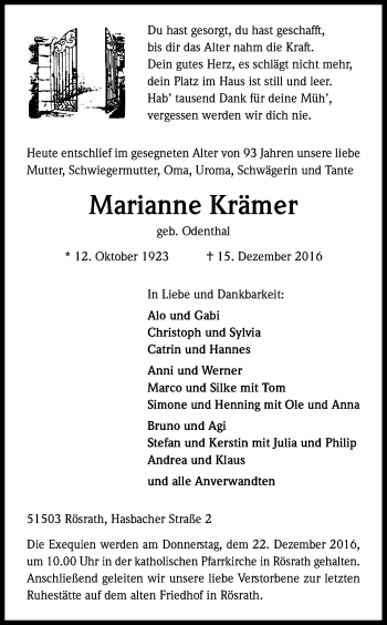 Anzeige von Marianne Krämer von Kölner Stadt-Anzeiger / Kölnische Rundschau / Express