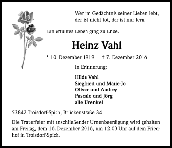 Anzeige von Heinz Vahl von Kölner Stadt-Anzeiger / Kölnische Rundschau / Express