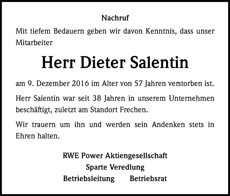  Traueranzeige für Dieter Salentin vom 21.12.2016 aus Kölner Stadt-Anzeiger / Kölnische Rundschau / Express