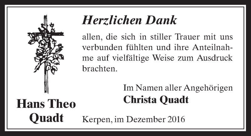 Traueranzeige für Hans Theo Quadt vom 14.12.2016 aus  Werbepost 