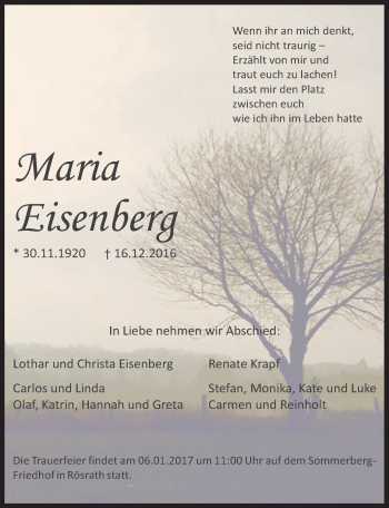 Anzeige von Maria Eisenberg von  Bergisches Handelsblatt 