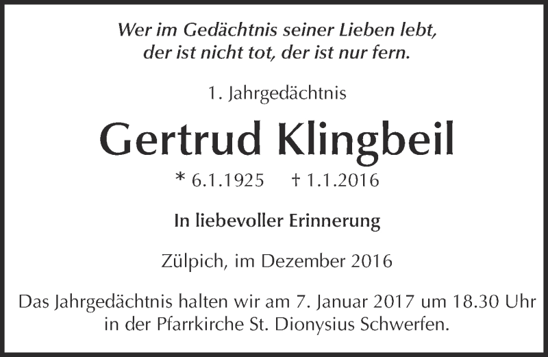  Traueranzeige für Gertrud Klingbeil vom 31.12.2016 aus  Blickpunkt Euskirchen 