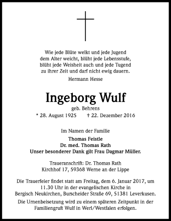 Anzeige von Ingeborg Wulf von Kölner Stadt-Anzeiger / Kölnische Rundschau / Express