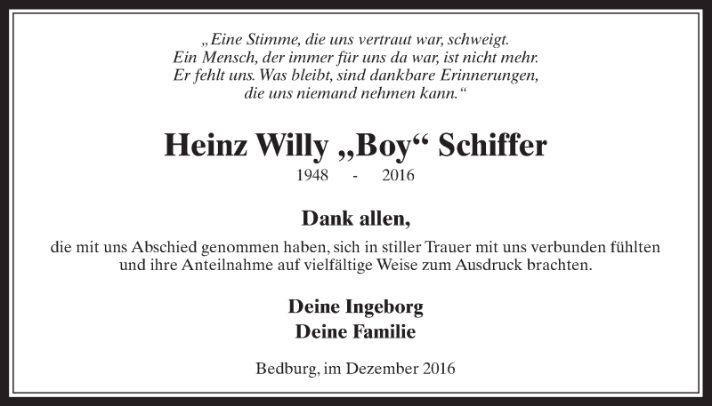  Traueranzeige für Heinz Willy Schiffer vom 28.12.2016 aus  Werbepost 