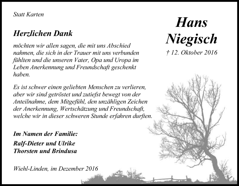  Traueranzeige für Hans Niegisch vom 10.12.2016 aus Kölner Stadt-Anzeiger / Kölnische Rundschau / Express