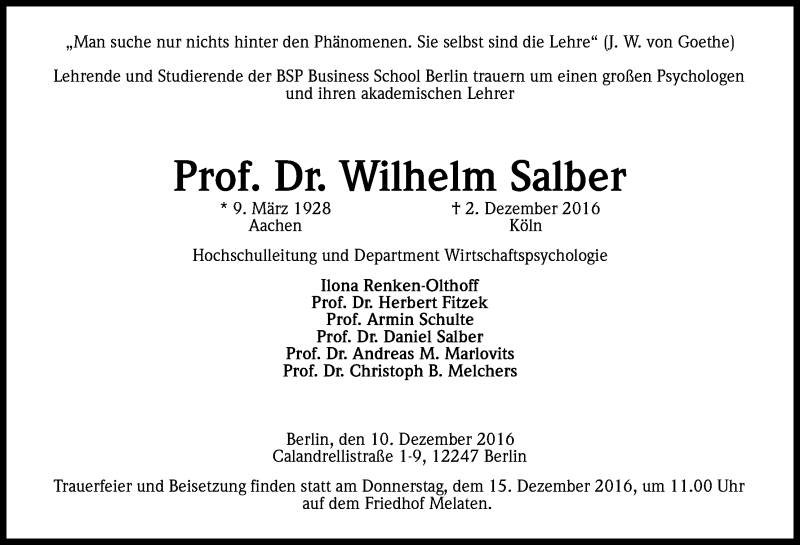  Traueranzeige für Wilhelm Salber vom 10.12.2016 aus Kölner Stadt-Anzeiger / Kölnische Rundschau / Express