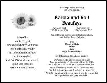 Anzeige von Karola, Rolf Beaufays von Kölner Stadt-Anzeiger / Kölnische Rundschau / Express