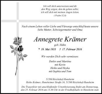 Anzeige von Annegrete Krämer von Kölner Stadt-Anzeiger / Kölnische Rundschau / Express