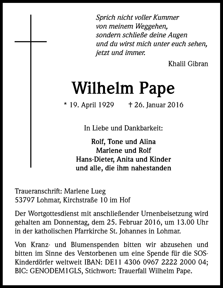  Traueranzeige für Wilhelm Pape vom 06.02.2016 aus Kölner Stadt-Anzeiger / Kölnische Rundschau / Express