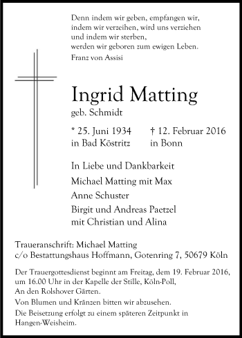 Anzeige von Ingrid Matting von Kölner Stadt-Anzeiger / Kölnische Rundschau / Express