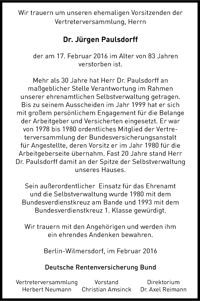  Traueranzeige für Jürgen Paulsdorff vom 27.02.2016 aus Kölner Stadt-Anzeiger / Kölnische Rundschau / Express