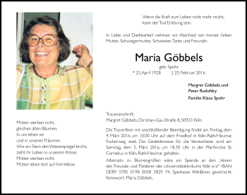 Anzeige von Maria Göbbels von Kölner Stadt-Anzeiger / Kölnische Rundschau / Express